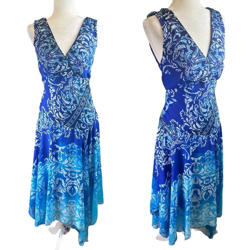 Womens Size 10 Paisley Midi Sleeveless Dress Blue Assymetrical‎ Hem Resortwear